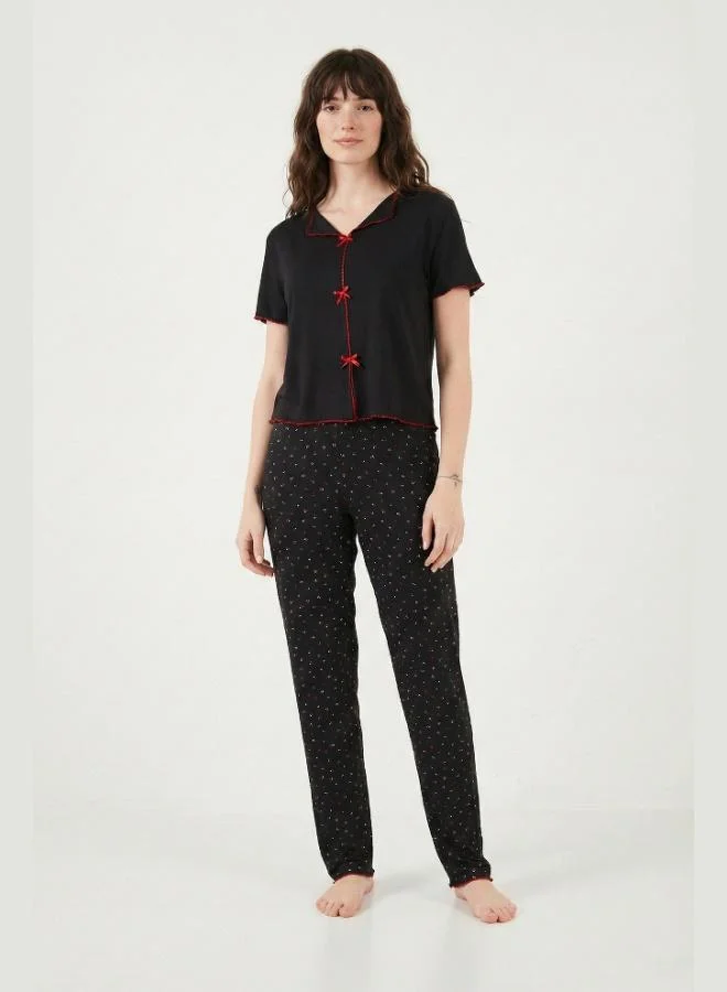 ليلا Lela Patterned Standard Fit Short-Sleeved Pajama Set with Ribbon Detail Women's PAJAMA SET 6091435